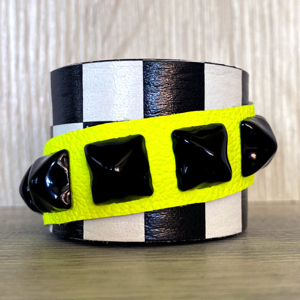 Checkered Studded Cuff with Neon Yellow